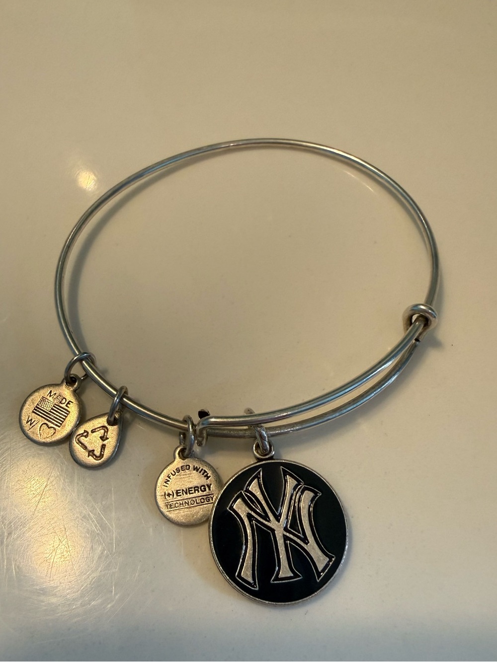 Alex and Ani New York Yankees Silver Charm Bangle Bracelet - Navy Enamel Logo